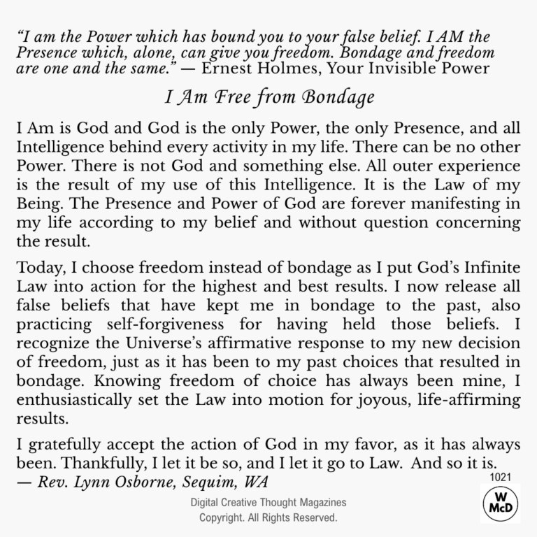 Creative Thought: Affirmative Prayer-I Am Free from Bondage